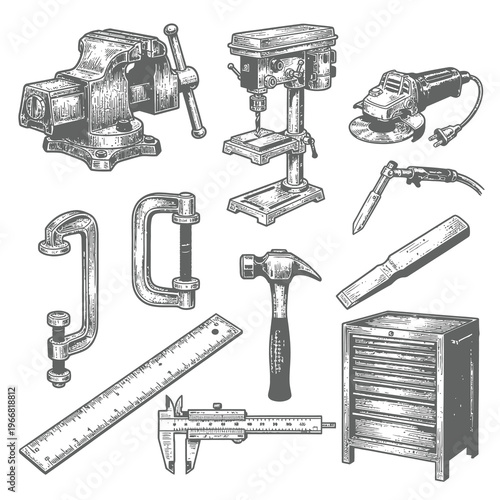 Vintage Hand Tools and Heavy Machinery Engravings