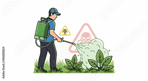 Person spraying pesticides near toxic hazard symbols and plants