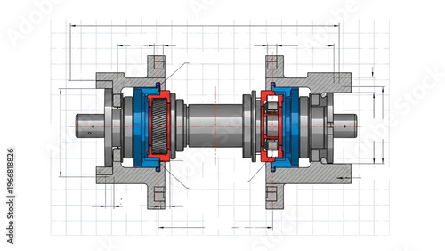 Detailed vector CAD design style drawing of mechanical parts and bearings