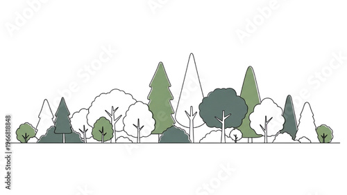 A vector CAD design style illustration of trees and plants in a landscape