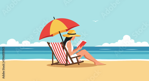 Woman in Straw Hat Reading Book on Beach Chair Under Umbrella by the Ocean