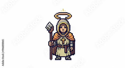Pixel art character with halo, holding a staff and wearing a cross