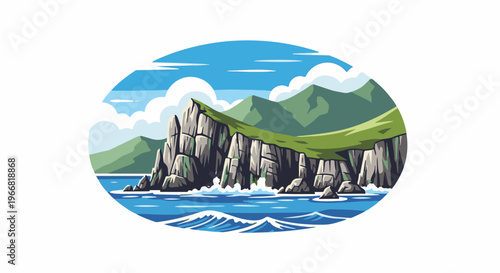 Coastal cliffs meet ocean waves under a cloudy sky