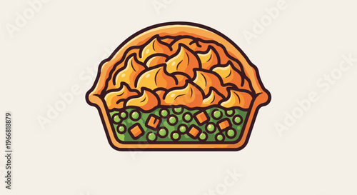 Stylized illustration of a savory pie with a flaky crust and vegetable filling