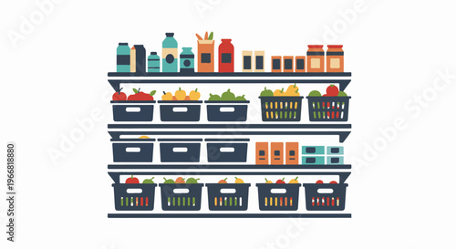 Colorful illustration of three shelves stocked with groceries and produce
