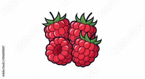 Cluster of ripe, red raspberries with green leaves