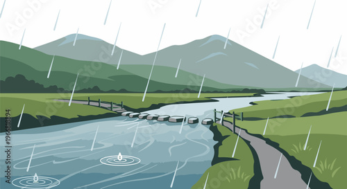 Rural landscape with river, stepping stones, and distant mountains in rain