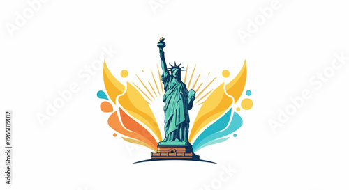 Stylized iconic statue with colorful radiating abstract shapes