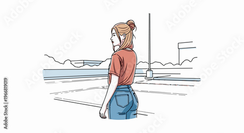 Stylized sketch of a woman in casual attire, looking away
