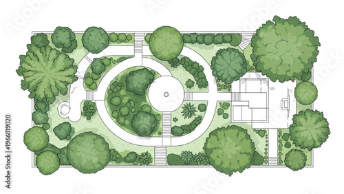 Aerial view of a vector CAD design style garden with trees and pathways