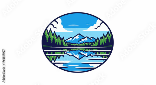 Circular emblem depicting snow-capped mountains reflecting in a calm lake surrounded by trees