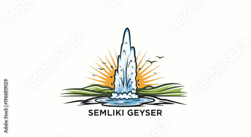 Stylized geyser erupting with sunburst and flying birds over landscape