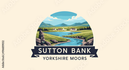 Idyllic countryside scene with a winding river, hills, and houses