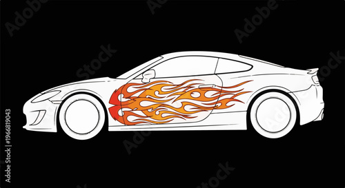 Sleek white car with fiery orange and yellow flames graphic on side