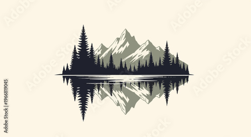 Dark pine forest and mountains mirrored in still water