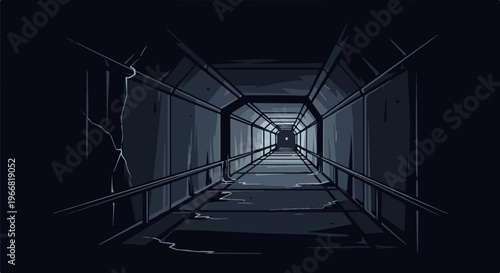 Dark, cracked concrete tunnel with a faint light at the end