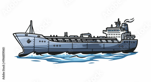 Stylized illustration of a large cargo ship sailing on choppy blue water