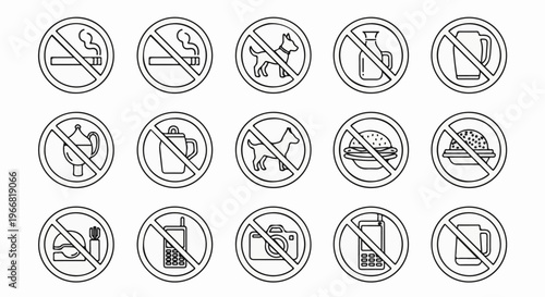 Collection of prohibition signs no smoking, dogs, food, drink, camera, and phones