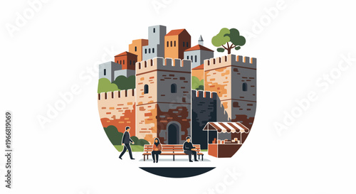 Historic town with towers, people sitting on a bench, and a street vendor