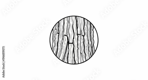 Circular emblem featuring a detailed black and white illustration of textured tree bark