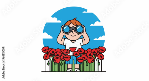 Child with binoculars in a field of poppies under a blue sky