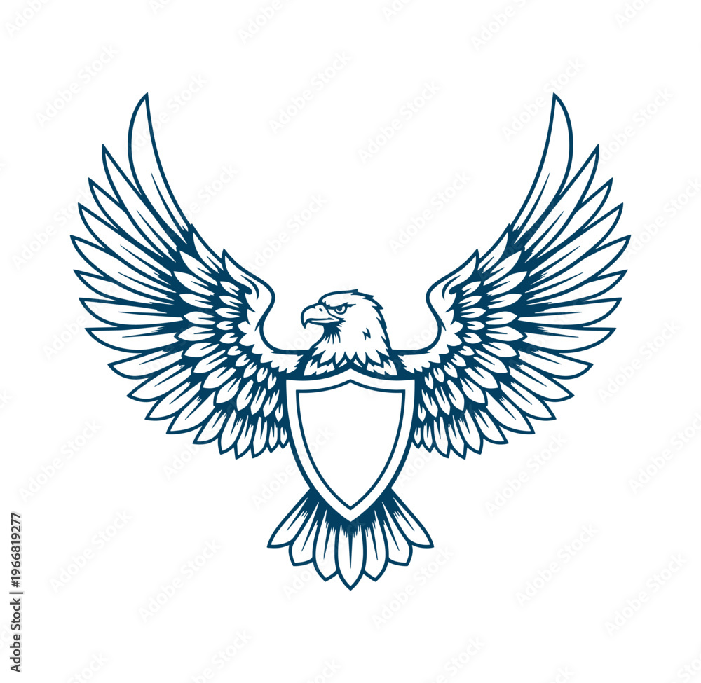 Fototapeta premium Eagle with spread wings and shield emblem isolated on white background