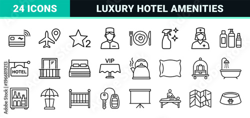 Luxury Hospitality and Hotel Service minimalist Monoline Icon Set Featuring Geometric Line Art for Premium Travel and Resort Utility
