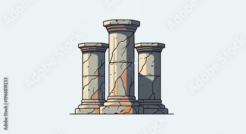 Three ancient stone pillars, weathered and cracked, on a plain background