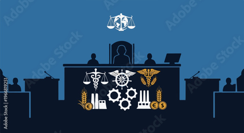 Courtroom scene with symbolic icons representing law, industry, and global justice