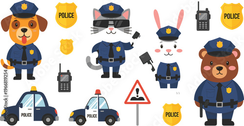 Police animal characters vector set with dog cat rabbit and bear officers patrol car badges and equipment illustration isolated on white background