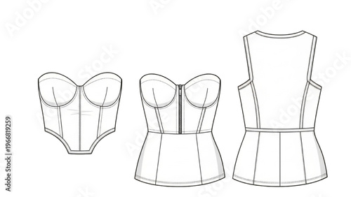Vector CAD design style illustrations of a corset in three views