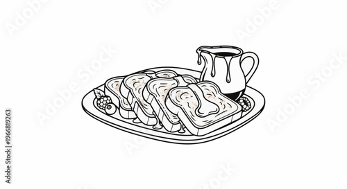 Sliced bread with berries and syrup in a pitcher on a plate