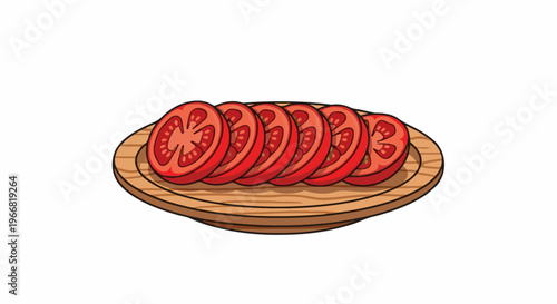 Sliced red tomatoes arranged on a wooden platter
