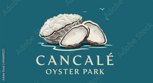 Stylized illustration of oysters on a teal background with text