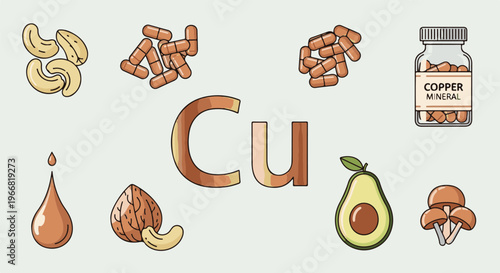 Copper mineral sources nuts, pills, avocado, mushrooms, oil, and the symbol Cu
