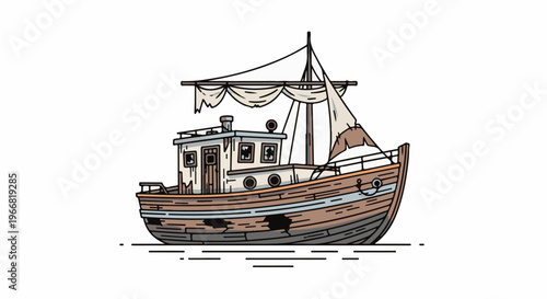 Cartoon illustration of a weathered, old wooden fishing boat with torn sails