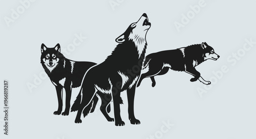 Three stylized wolves, one howling, one standing, one running