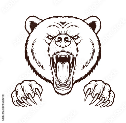 Furry angry bear head with open mouth and sharp teeth and claws out  fierce wild animal face