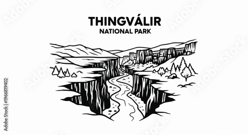 Stylized black and white illustration of a deep canyon with a winding river