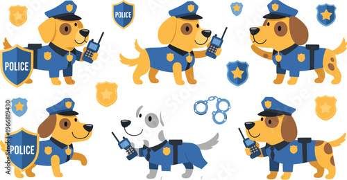 Police dog vector set with cute canine officer characters badges radio communication and patrol illustration isolated on white background