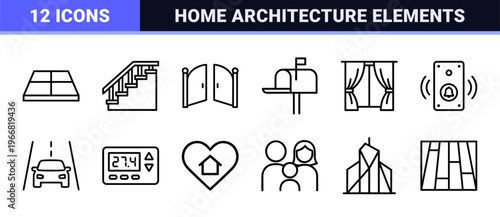 Minimalist monoline residential real estate outline symbols for property management apps and architectural site mapping projects.
