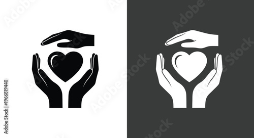 Vector graphic illustration of hands holding heart symbol in black and white design
