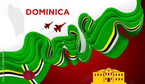 Dominica Ribbon Flag Abstract Green Yellow Black Red Parrot Design