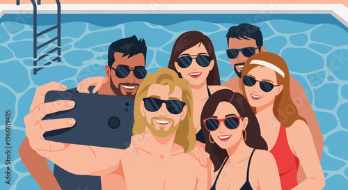 A diverse group of smiling friends take a selfie together while enjoying a refreshing dip in a clear blue pool during a sunny summer day, capturing a moment of pure joy and togetherness.