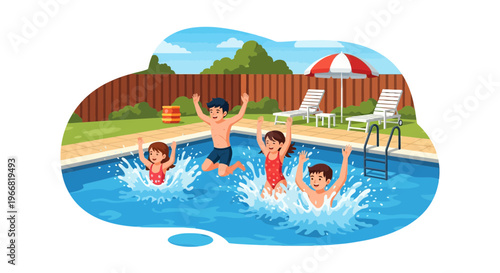 Joyful children jumping into a refreshing swimming pool during a sunny summer day