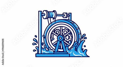 Stylized blue waterwheel generates power from splashing water