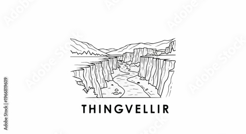 Stylized black line drawing of a wide canyon with a winding river