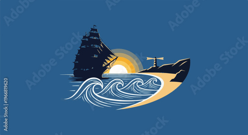 Sailing ship approaches a sandy shore with a lighthouse at sunset