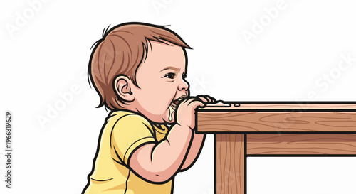 Cartoon baby gnawing on wooden table, drooling