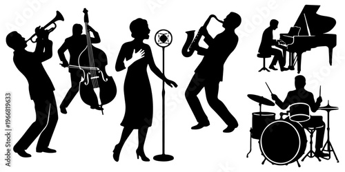 Jazz band musicians black silhouettes set. Vector collection of singer, pianist, drummer, saxophonist, trumpeter and double bass player isolated